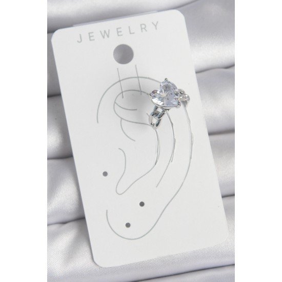 Pirinç Gümüş Renk Zirkon Taşlı Kalp Model Kadın Kıkırdak Küpe