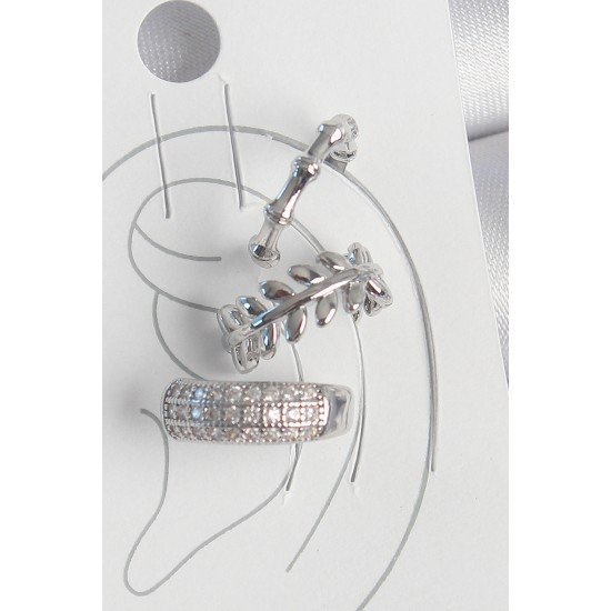 Pirinç Gümüş Renk Zirkon Taşlı 3'Lü Model Yaprak Figür Kadın Kıkırdak Küpe