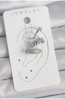 Pirinç Gümüş Renk Zirkon Taşlı 3'Lü Model Yaprak Figür Kadın Kıkırdak Küpe