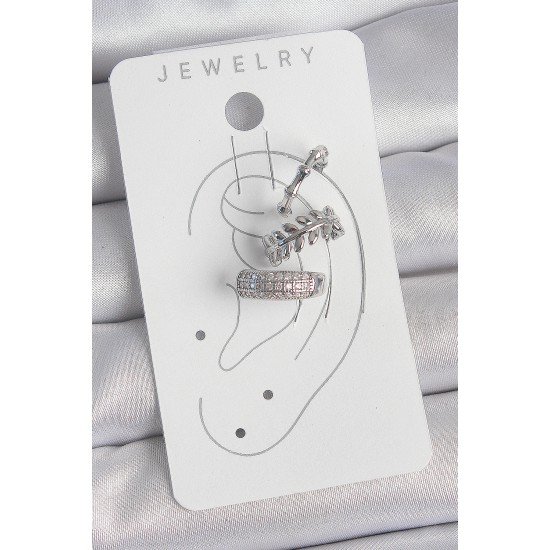 Pirinç Gümüş Renk Zirkon Taşlı 3'Lü Model Yaprak Figür Kadın Kıkırdak Küpe