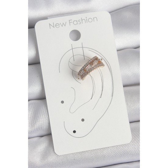 Pirinç Gold Renk Zirkon Taşlı 3'Lü Sıralı Model Kadın Kıkırdak Küpe