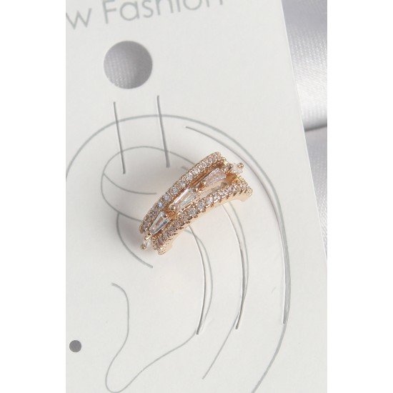 Pirinç Gold Renk Zirkon Taşlı 3'Lü Sıralı Model Kadın Kıkırdak Küpe