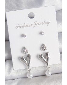 Pirinç Gümüş Renk Zirkon Taşlı Sallantılı Kalp Model 3 Çift Kadın Küpe Seti