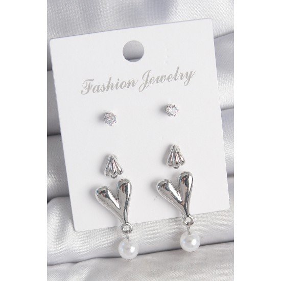 Pirinç Gümüş Renk Zirkon Taşlı Sallantılı Kalp Model 3 Çift Kadın Küpe Seti Pirinç Gümüş Renk Zirkon Taşlı Sallantılı Kalp Model 3 Çift Kadın Küpe Seti