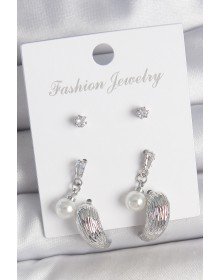 Pirinç Gümüş Renk Sallantılı Zirkon Taşlı Damla Model 3 Çift Kadın Küpe Seti