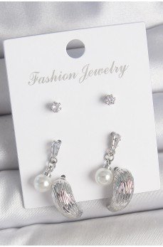 Pirinç Gümüş Renk Sallantılı Zirkon Taşlı Damla Model 3 Çift Kadın Küpe Seti