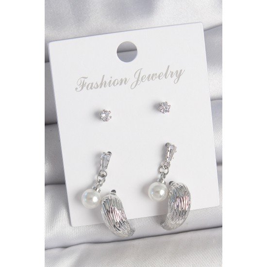 Pirinç Gümüş Renk Sallantılı Zirkon Taşlı Damla Model 3 Çift Kadın Küpe Seti