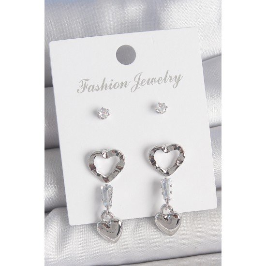 Pirinç Gümüş Renk Zirkon Taş Detaylı Sallantı Model 2 Çift Kadın Küpe Seti