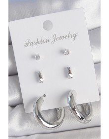 Pirinç Gümüş Renk Zirkon Taş Detay Halka Model 3 Çift Kadın Küpe Seti