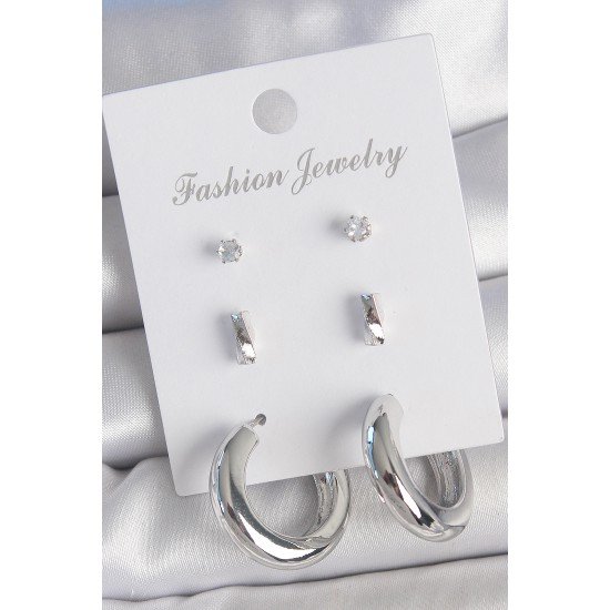 Pirinç Gümüş Renk Zirkon Taş Detay Halka Model 3 Çift Kadın Küpe Seti