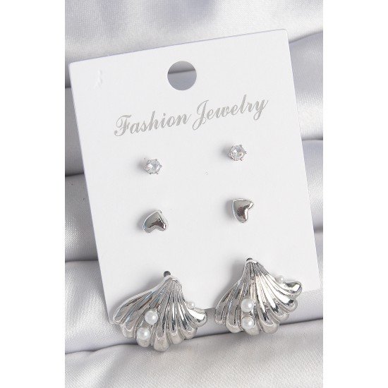 Pirinç Gümüş Renk Zirkon Taş Detaylı İnci Detaylı Deniz Kabuğu Model 3 Çift Kadın Küpe