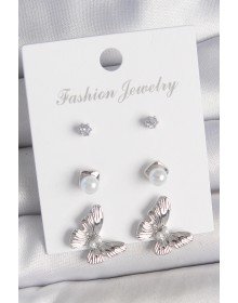 Pirinç Gümüş Renk Zirkon Taşlı İnci Detaylı Kelebek Model 3 Çift Kadın Küpe Seti