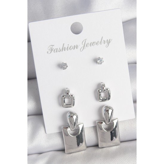 Pirinç Gümüş Renk Zirkon Taş Detay Sallantılı Kare Model 3 Çift Kadın Küpe Seti