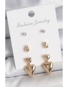 Pirinç Gold Renk Zirkon Taşlı Sallantılı Kalp Model 3 Çift Kadın Küpe Seti