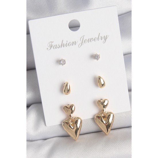 Pirinç Gold Renk Zirkon Taşlı Sallantılı Kalp Model 3 Çift Kadın Küpe Seti Pirinç Gold Renk Zirkon Taşlı Sallantılı Kalp Model 3 Çift Kadın Küpe Seti