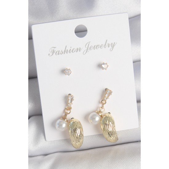 Pirinç Gold Renk Zirkon Taşlı İncili Sallantılı İşlemeli Damla Model 3 Çift Kadın Küpe Seti