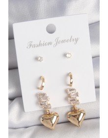 Pirinç Gold Renk Zirkon Taşlı Sallantılı Kalp Model Yarım Halka Detay 3 Çift Kadın Küpe Seti