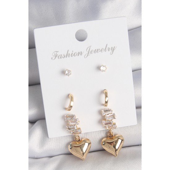 Pirinç Gold Renk Zirkon Taşlı Sallantılı Kalp Model Yarım Halka Detay 3 Çift Kadın Küpe Seti