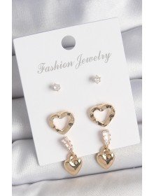 Pirinç Gold Renk Zirkon Taşlı Sallantı Kalp Model Kadın 3 Çift Küpe Seti