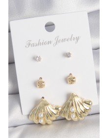 Pirinç Gold Renk Zirkon Taşlı İnci Detaylı Deniz Kabuğu Model 3 Çift Kadın Küpe Seti