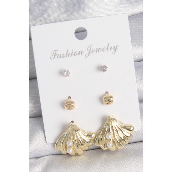 Pirinç Gold Renk Zirkon Taşlı İnci Detaylı Deniz Kabuğu Model 3 Çift Kadın Küpe Seti