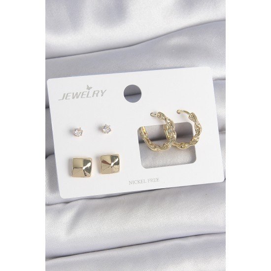 Pirinç Gold Renk Burgu Halka Model Zirkon Taşlı Kare Detay 3 Çift Kadın Küpe Seti