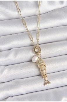 İnci Detaylı Zirkon Taşlı Balık Figürlü Gold Renk Pirinç Kolye