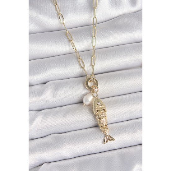 İnci Detaylı Zirkon Taşlı Balık Figürlü Gold Renk Pirinç Kolye