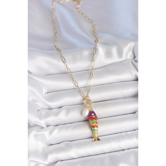 İnci Detaylı Zirkon Taşlı Rainbow Balık Figürlü Gold Renk Pirinç Kolye