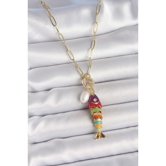 İnci Detaylı Zirkon Taşlı Rainbow Balık Figürlü Gold Renk Pirinç Kolye