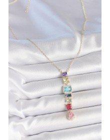 Gold Karışık Renk Zirkon Taşlı Y Pirinç Kolye