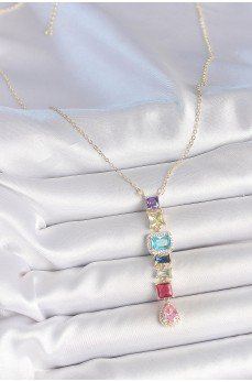 Gold Karışık Renk Zirkon Taşlı Y Pirinç Kolye