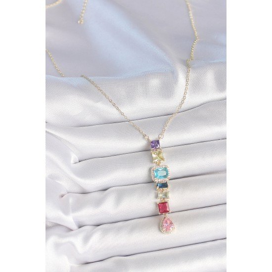 Gold Karışık Renk Zirkon Taşlı Y Pirinç Kolye