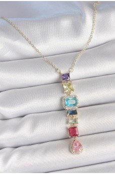 Gold Karışık Renk Zirkon Taşlı Y Pirinç Kolye