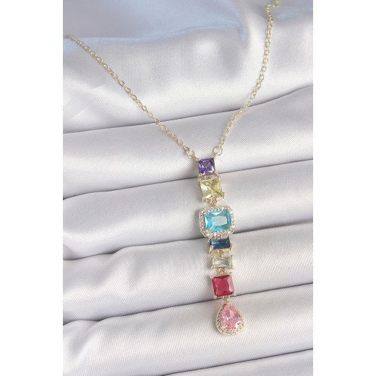 Gold Karışık Renk Zirkon Taşlı Y Pirinç Kolye