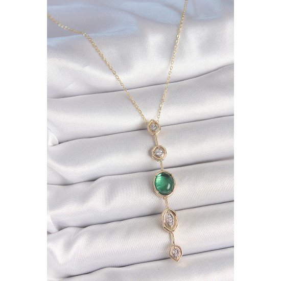 Pirinç Zincir Zümrüt Yeşil Gold Renk Zirkon Taşlı Y Kolye