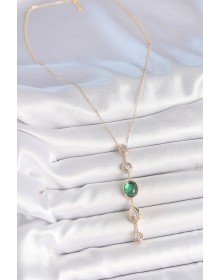 Pirinç Zincir Zümrüt Yeşil Gold Renk Zirkon Taşlı Y Kolye