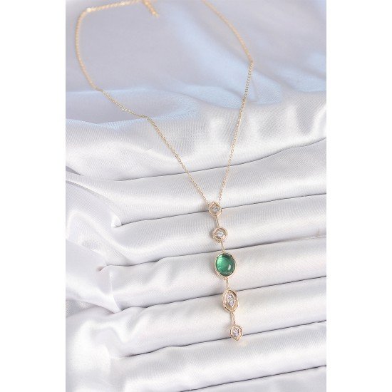 Pirinç Zincir Zümrüt Yeşil Gold Renk Zirkon Taşlı Y Kolye
