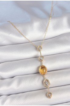 Pirinç Zincir Kehribar Sarı Gold Renk  Zirkon Taşlı Y Kolye