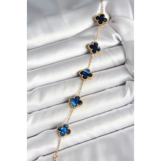 316L Çelik Sedefli Lacivert Gold Renk Yonca Kadın Bileklik