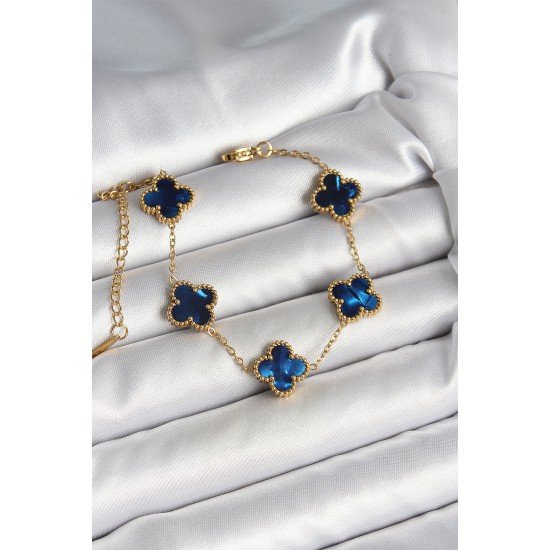 316L Çelik Sedefli Lacivert Gold Renk Yonca Kadın Bileklik