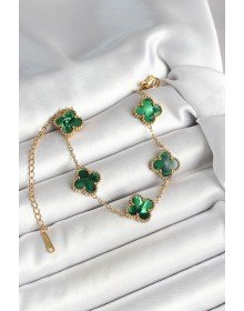 316L Çelik Sedefli Zümrüt Yeşil Gold Renk Yonca Kadın Bileklik