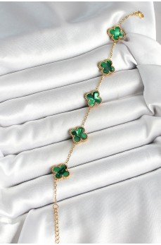 316L Çelik Sedefli Zümrüt Yeşil Gold Renk Yonca Kadın Bileklik