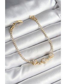 Pirinç Sıralı Kalp Figürlü Zirkon Taşlı Gold Renk Kadın Bileklik
