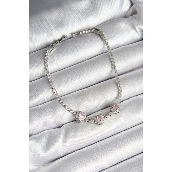 Pirinç Sıralı Pembe Kalp Figürlü Zirkon Taşlı Gümüş Renk Kadın Bileklik Pirinç Sıralı Pembe Kalp Figürlü Zirkon Taşlı Gümüş Renk Kadın Bileklik