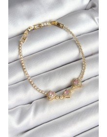 Pirinç Sıralı Pembe Kalp Figürlü Zirkon Taşlı Gold Renk Kadın Bileklik