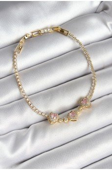 Pirinç Sıralı Pembe Kalp Figürlü Zirkon Taşlı Gold Renk Kadın Bileklik Pirinç Sıralı Pembe Kalp Figürlü Zirkon Taşlı Gold Renk Kadın Bileklik