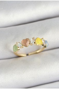 Pirinç Sıralı Kalp Figürlü Zirkon Taşlı Gold Renk Ayarlanabilir Kadın Yüzük