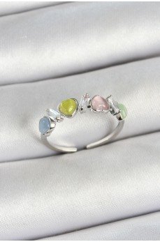 Pirinç Sıralı Kalp Figürlü Zirkon Taşlı Gümüş Renk Ayarlanabilir Kadın Yüzük