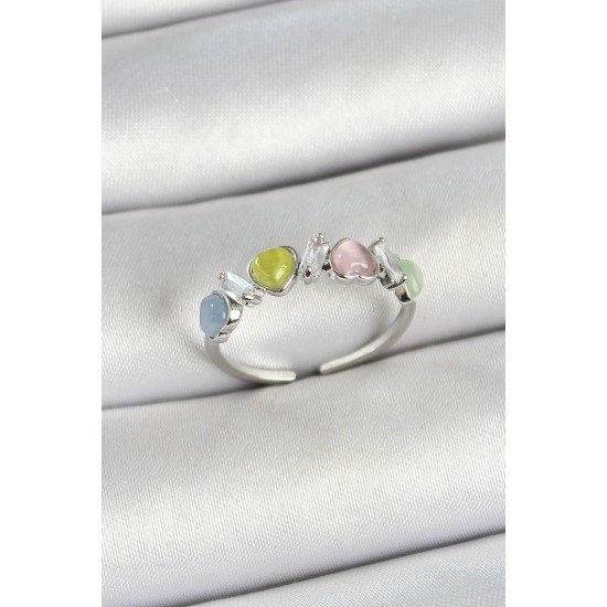 Pirinç Sıralı Kalp Figürlü Zirkon Taşlı Gümüş Renk Ayarlanabilir Kadın Yüzük